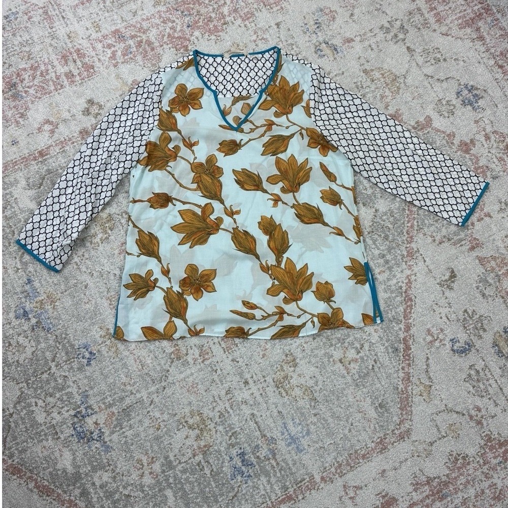 Soft Surroundings Ophelie Tunic Top PL Floral Geometric Blue Gold Mixed Print